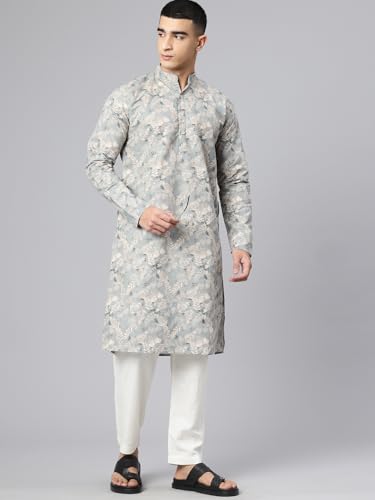 Image of Majestic Man Men's Regular Fit Ethnic Motifs Printed Pure Cotton Long Kurta with Mandarin Collar & Full Sleeves