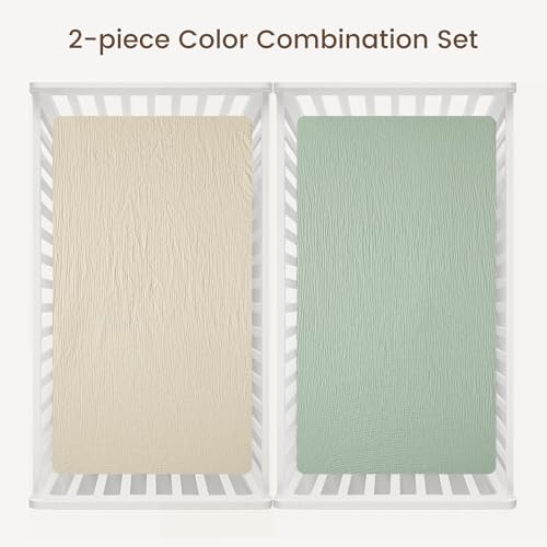 Image of david's kids Muslin Crib Sheets for Boys Girls, 2 Pack 100% Cotton Soft Breathable Fitted Baby Neutral Sheet Set, Standard 52 inchx28 inch Crib and Toddler Mattress, Oat Milk & Sage Green