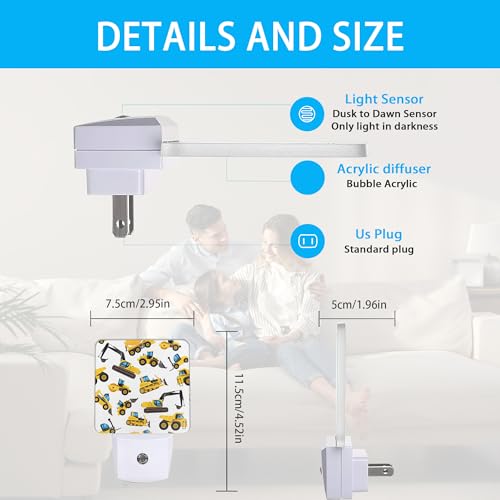 Image of Construction Machines Night Light,Tractor Night Lights Plug into Wall Dusk to Dawn Sensor Led Lamp for Women Men,Led Lights for Stairway /Hallway /Bedroom,0.5W