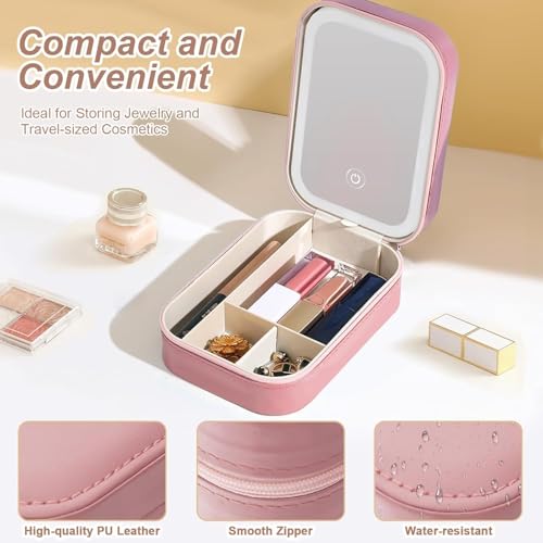 Image of INOVERA (LABEL) Makeup Organizer Bag for Women & Girls - Stylish Compact Faux Leather Vanity Box - Travel Cosmetic Organiser Case with LED Mirror (Pink)