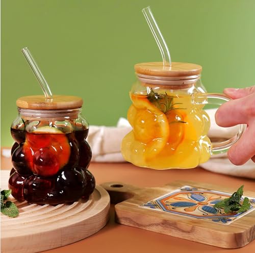Image of Grape Shape Glass Tumbler Mug with Bamboo Lid & Glass Straw, 450ml, Set of 1, Clear Borosilicate Drinking Cup with Handle, Reusable Iced Coffee Cup for Juice, Tea, Smoothies, Cold Drinks