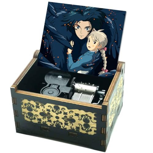 Howls Moving Castle Caja de música,Tocar la melodía-Merry Go Round of Life,Madera 3D-Grabado
