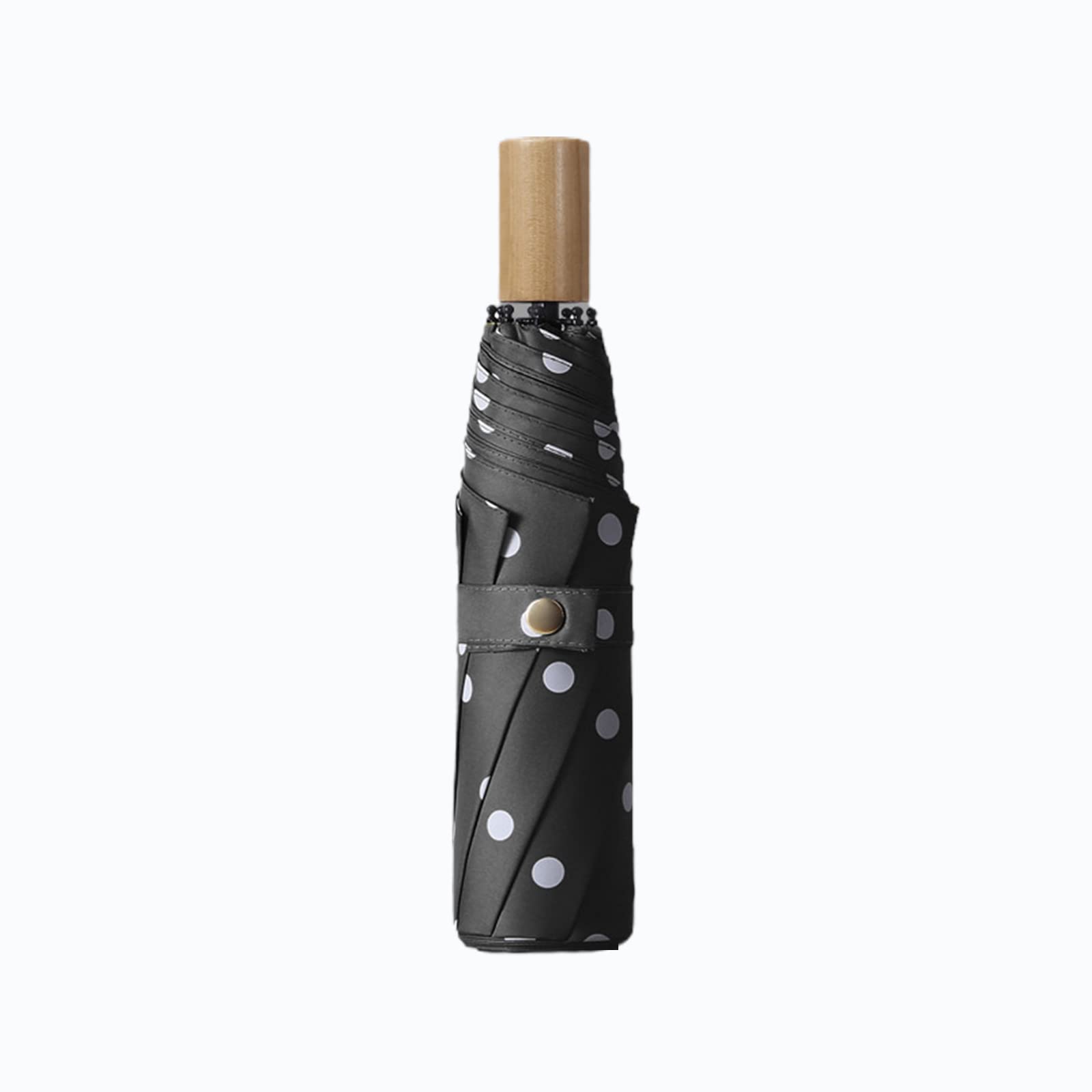 Lxzsmh Men's Black Folding Umbrellas, Windproof Travel Umbrella, Polka Dot Solid Wood Handle Compact Folding Umbrella, 8 Ribs Upf 50+ Uv Protection, Wo(Black)