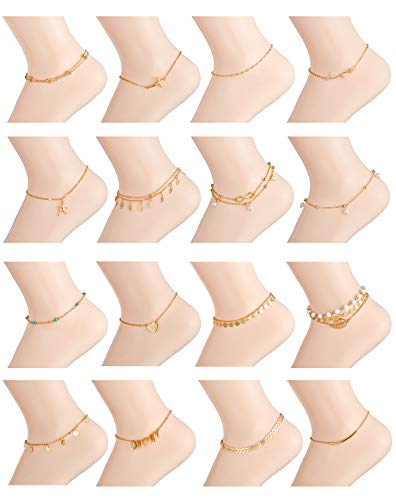 Ofeiyaa 16PCS Ankle Bracelets Beach Layered Anklets Boho Ankle Chains Foot Bracelets Set for Women Adjustable Gold Silve Tone