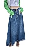 CHARTOU Women's Back Elastic High Waist A-Line Maxi Long Denim Jean Skirt (Large, Blue)