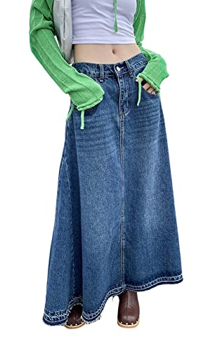 CHARTOU Women's Back Elastic High Waist A-Line Maxi Long Denim Jean Skirt