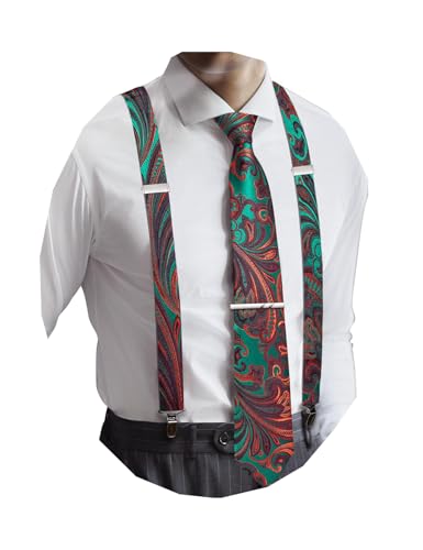 Image of Barry.Wang Men Suspender Set with Necktie Elastic Y Type Heavy Duty 6 Clips Braces Tie Handkerchief Cufflink Pin 6PCS