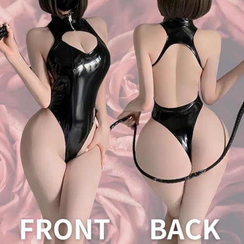 [MORApink] コスプレ エナメル 光沢 ハイレグ セクシー 過激 レオタード PUレザー フェイクレザー ストッキング 大きい サイズ コスチューム ボンテージ - 画像3