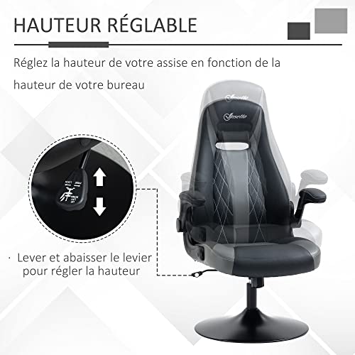 Sedia da gaming ergonomica con base rotonda in metallo girevole a 360°, altezza regolabile poggiatesta braccioli sollevabili in PVC grigio nero - Sedia gaming - Immagine 3