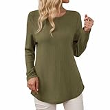 Elegante blusa de invierno en tallas grandes con mangas largas, cuello redondo con botones en la espalda. Camiseta clásica para el tiempo libre., Verde militar., 3XL