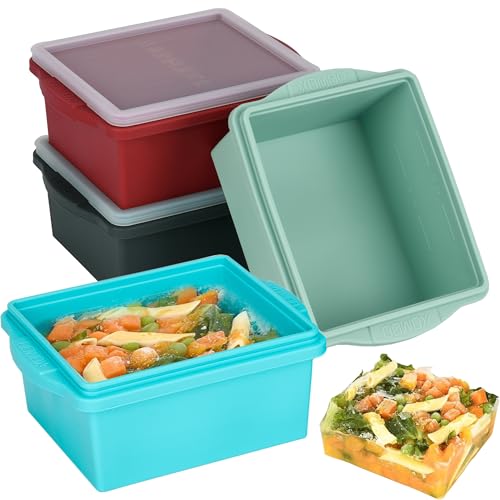 Image of Xomoo 2 Cup Silicone Freezer Trays with Lids, Silicone Soup Freezer Molds - Leakproof, BPA-Free, Stackable, Microwave & Dishwasher Safe, Perfect for Soups, Sauces, Meal Prep, and Baked Goods - 4 Pack