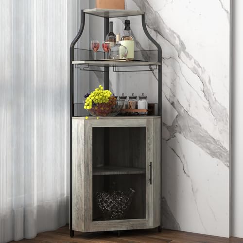 Garvee Aparador Esquinero para Bar, Mueble Bar Industrial De 5 Niveles con Botellero, Porta Copas, Puerta De Malla y Estantes Ajustables para Salón, Comedor y Cocina