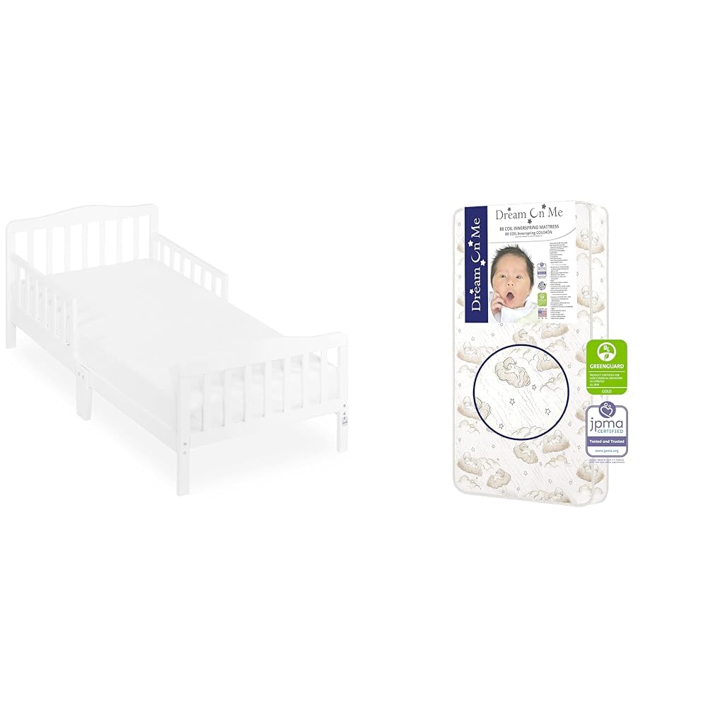 Dream On Me Classic Design Toddler Bed in White, Greenguard Gold Certified & Twilight 5” 88 Coil Inner Spring Crib and Toddler Mattress