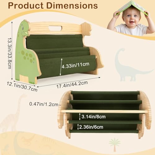 Image of Toddler Bookshelf Double-Sided with 4 Tier Deep Sleeves Kids Wooden Montessori Book Rack for Baby Nursery Room, Playroom, Classroom or Bedroom Bookcase Storage Organizer, Green Dinosaur