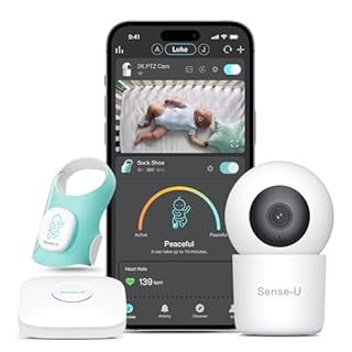 Sense-U Baby Sock Shoe Bundle Smart Baby Monitor: Sock Shoe Plus 2.5K PTZ Camera - Track Sleep Patterns, Heart Rate, Movement, AI Cry Detection, Audio, Pan-Tilt-Zoom Video, No Monthly Fee