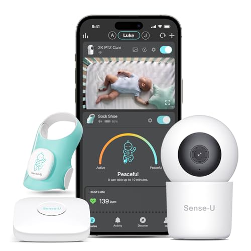 Sense-U Baby Sock Shoe Bundle Smart Baby Monitor: Sock Shoe Plus 2K PTZ Camera - Track Heart Rate Sleep Movement Heartbeat Pan-Tilt-Zoom Video AI Cry Detection Audio