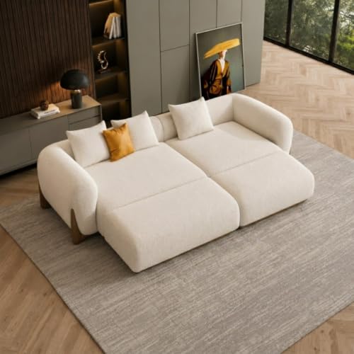 Image of Modern Boucle Sofa for Living Room Bedroom Reception and Office Wooden Polished Leg Sofa for Living Room (Off White, 3 Seater +Ottoman Set)