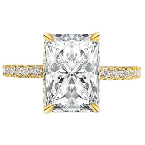 AUROGEM 3.5 Cart White Gold S925 Radiant Cut Engagement Ring, Sterling Silver Promise Ring with Cubic Zirconia, Women’s Travel Engagement Ring, Purity Ring for Women, Unique Engagement Rings for Women, Cubic Zirconia Diamond Engagement Rings for Women (Yellow Gold, 6)