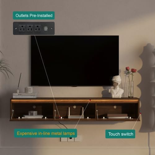 Floating TV Stand Wall Mounted TV Shelf with LED Lights & Power Outlet, Modern Wooden Entertainment Cabinet with Storage Shelves, USB Charging Ports, High Gloss Finish Media Console for Living Room