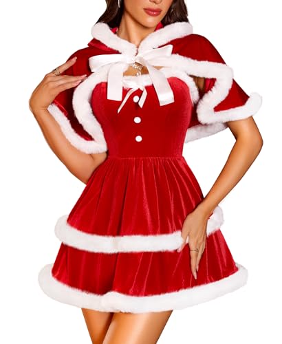 RSLOVE Weihnachten Kostüm Weihnachtsoutfit für Damen - Weihnachtsfrau Kleid Sexy Santa Babydoll mit Cape S
