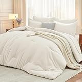MUXHOMO 7 Pieces King Comforter Set, Soft Bed in a Bag King Size, All Season Bedding Set with Comforter, Flat Sheet, Fitted Sheet, Pillowcases & Shams, Ivory