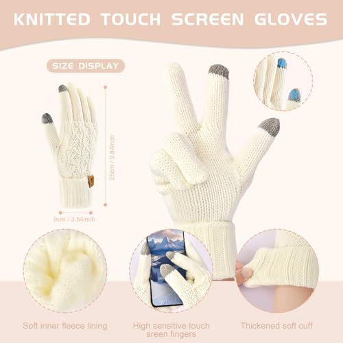 Womens Winter Warm Beanie Hat Long Scarf Touchscreen Gloves Set with Fleece Lined Skull Pom Caps 3 in 1 Set for Gift3