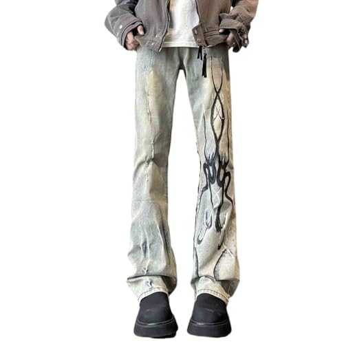 BXCNCKD Men's Retro Washed Micro Flared Jeans with Flame Print for Slimming and Floor Hugging Straight Leg Pants