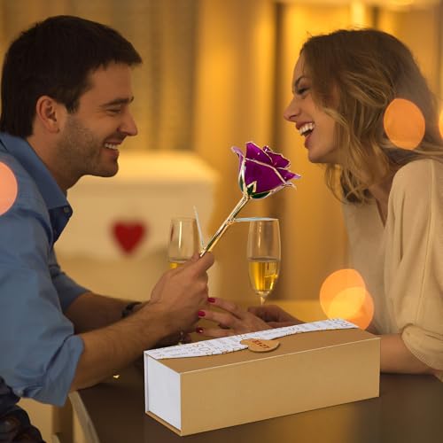 Image of Mikasol Gold Dipped 24K Forever Preserved Rose, 1 Pack Infinity Flower Decor Hand Dipped Romantic Gift for Women in Her Wife Girlfriend Birthday Anniversary Valentines Mothers Day Christmas(Purple)