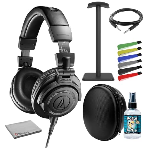 Audio-Technica ATH-M50x ENSO Closed-Back Monitor Headphones, Over-Ear Sound Isolation Design Bundle with Headphone Stand + Case + Cleaner + 1/4 inch TRS + Microfiber Cleaning Cloth