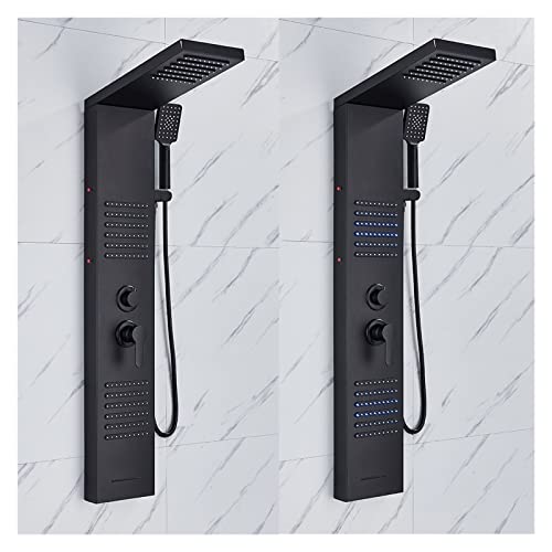 Panel de ducha, panel de ducha LED negro mate con cascada, grifo de lluvia, columna de ducha SPA con jets de masaje y mezclador de doble mando (6002 Negro 1) miniatura 5