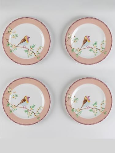 Image of GOLDEN QUEEN'S Snack Plates Set of 4 | Perfect for Snacks, Desserts, Appetizers, Salads, Tapas, Cheese | 7 inches Wide | Microwave Safe (Birdie in Pink)