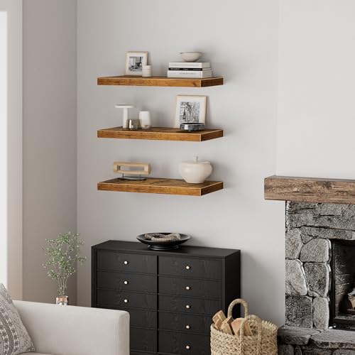 Image of QEEIG 10 inch Deep Floating Shelves for Wall - 10 x 24 inch Book Shelf Bathroom Bedroom Kitchen Living Room Hanging Bookshelf Farmhouse Set of 3, Rustic Brown (025-60BN3)