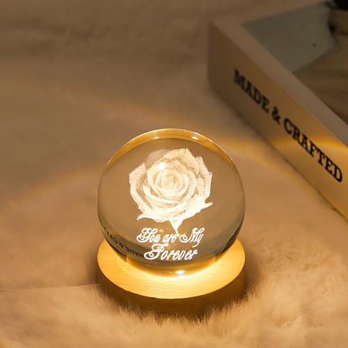 Image of 3D Rose Crystal Ball Lamp with Dimmable LED and Wooden Base, Night Light for Kids Teens Adults, Home Desk Office Bedroom Decor, Birthday Gift (2.4 inch / 6cm)