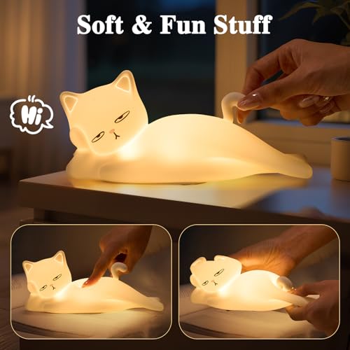 Lying Cat Lamp Funny Gifts, 16 Colors+5 Dimming+Silicone Random Stuff, Touch+Remote+Recharge Night Light, Unique Cool Lamp,Cute Weird Stuff, Squishy Cat White Elephant Gifts for Women/Men/Teens/Kids - Image 5