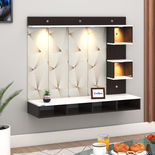 Image of Anikaa Kirina Engineered Wood Wall-Mount TV Unit with PVC Back Panel & LED Lights | TV Cabinet with Storage Box & Decorative Shelves (Wenge /White) | Ideal for TVs up to 55 Inch | DIY Installation
