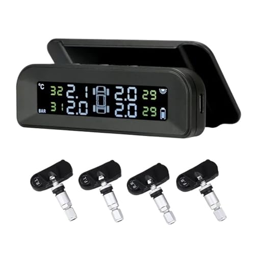 Smart Car TPMS Energía Solar Pantalla LCD Digital Inalámbrico 4 Sistema De Monitoreo Neumáticos Alarma Seguridad Automática Sensor Presión Monitorización Precisa En Tiempo Real(Internal -with Clock)