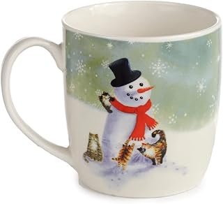 Puckator Christmas Kim Haskins Snowman & Cats Porcelain Mug Coffee Tea Cup, Food Dishwasher & Microwave Safe, Home Office Work, Multicolour