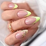 Almond Press on Nails Medium with Green Leaves Designs, Reusable Glossy Stick Full Cover On Fake False Nail, 24 Pcs French Tip Acrylic Press on Nails with Nail Glue for Women XY-37-22
