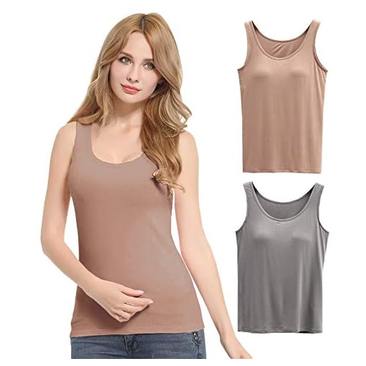 FEOYA Damen Unterhemd BH-Hemd Basic 2er Pack BH Push up Yoga Bügelloser U-Ausschnitt Eingebauter Bra Bügelloser Gepolstert Tank Tops Top Set Sport-BHS für Women-Khaki+Grau-L