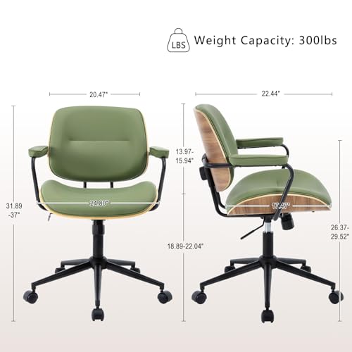 Image of Mid Century Modern Office Chair with Adjustable Backrest, Wooden Desk Chair with Armrests, Swivel Height Adjustable Home Office Chair, Comfortable Task Chair for Home Office, Green