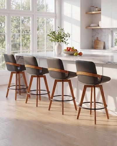 Image of AQG Bar Height Bar Stools Set of 4, Mid Century Modern Bar Chairs Swivel with Back, Faux Leather Upholstered Barstools Walnut Wood Frame for Kitchen Island (Black, 30 Inch - 4 PCS)