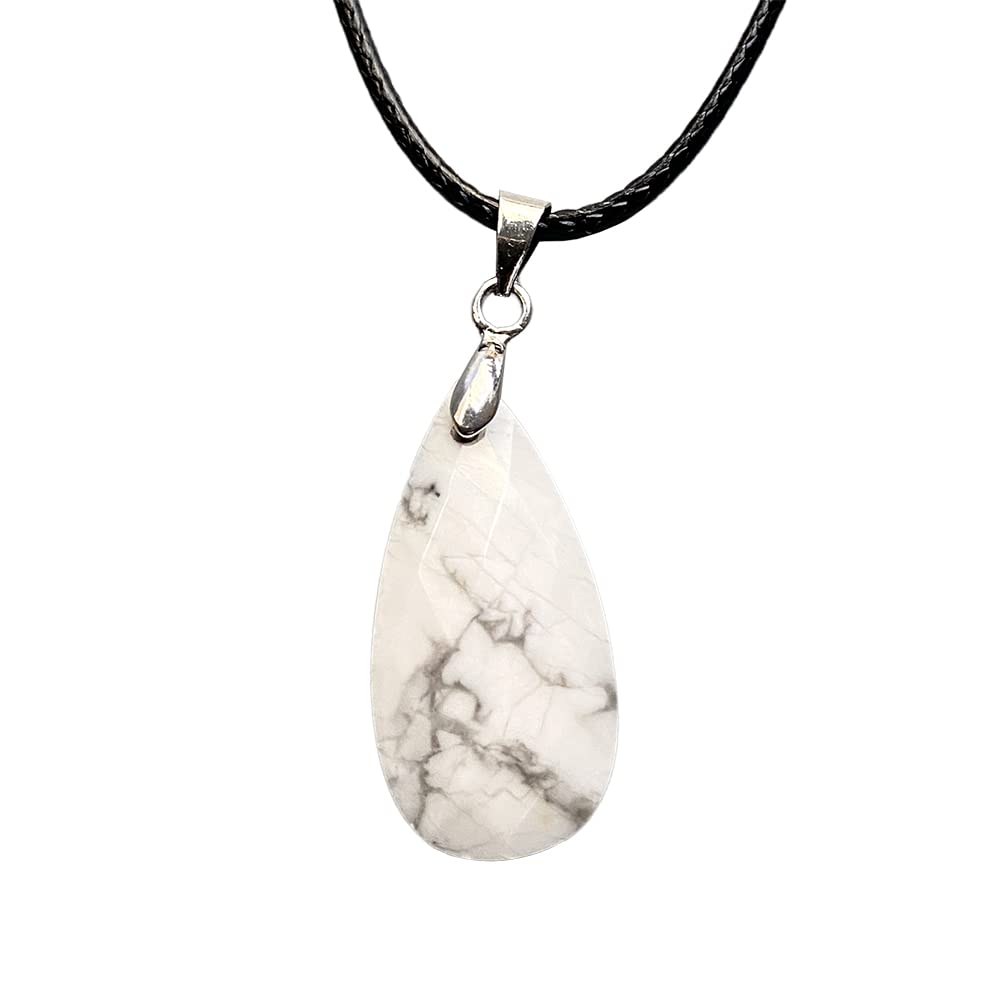 VIE Teardrop Faceted Pendant with Black Cord, 2.5x1.5cm, Howlite