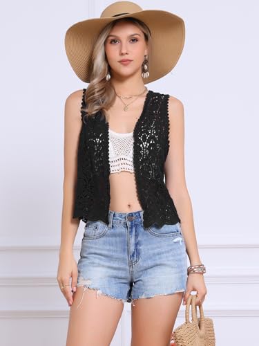 Image of Allegra K Women's Floral Crochet Hollow Out Sleeveless Open Front Boho Vest Cardigan