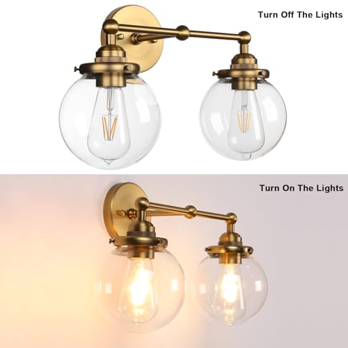 Image of Yosoan Vintage Indoor Vanity Wall Sconce, 2 Light Hardwired Modern Fixture with 5.9 inch Round Glass Globe Hand Blown Shade Lighting for Bathroom Kitchen Dining Room Living Room Bedroom(Antique)