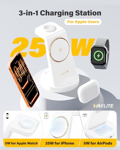 Image of 3 in 1 Fast Charging Station for iPhone, 25W Wireless Magnetic Phone Charger for iPhone 17 16e 16 15 14 13 12 Serise, Watch Charger Stand, Wireless Charging Station for AirPods 4 3 Pro, White