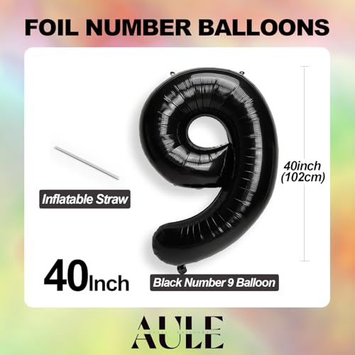 Image of AULE 40 Inch Big Black 9 Balloon Number Large Foil Helium Number Balloons 0-9 Jumbo Giant Happy 9th Birthday Party Decorations for Boy or Girl Huge Mylar Anniversary Party Supplies
