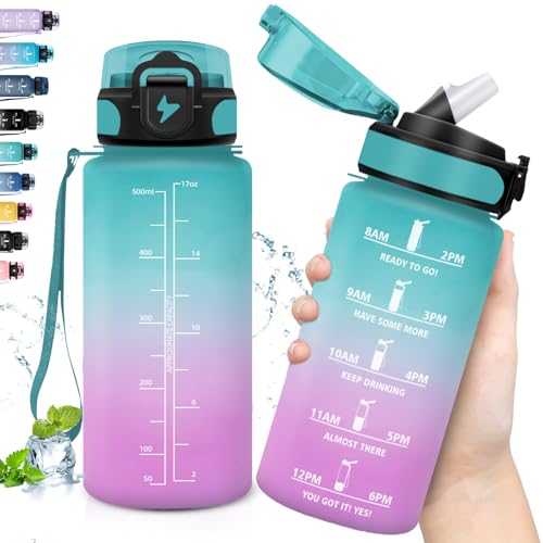 Grsta Botella Agua Niños, Botella con Pajita a Prueba de Fugas, Botella Agua 500ml, Fácil de limpiar, Botella Plastico Reutilizable para Adulto, Cantimplora para la Escuela, Oficina, Correr, Yoga