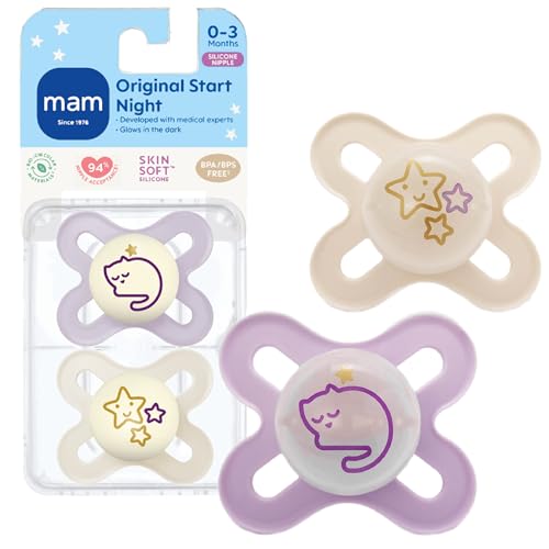 Image of MAM Original Start Night Baby Pacifiers 0-3 Months Newborns, BPA-Free Skin Soft Silicone Nipple, Glows in The Dark, Developed with Medical Experts, 2 Count with Sterilizer Case