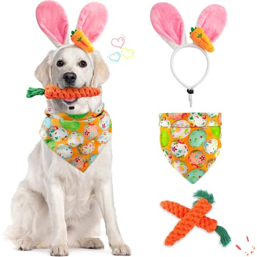 Dorakitten Dog Easter Costumes - Adorable Bunny Ears Headband Cute Dog Bandana Funny Carrot Shape Rope Teeth Cleaning Dog Chew Toys Gifts for Pet Puppy 4 PCS