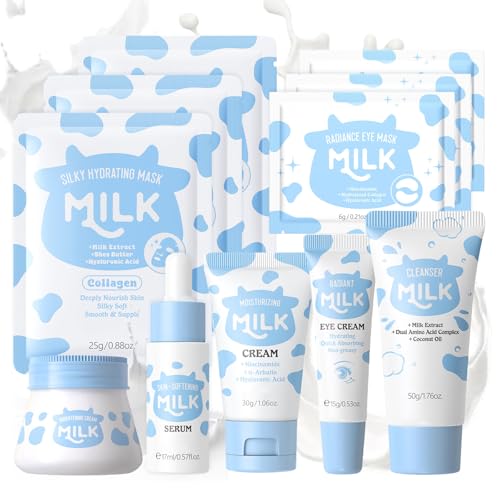 Milch Gesichtspflege Skincare Set 11pcs, Milch Skin Care Set Damen Geschenk Dunkelheit verbessern, Tiefe Feuchtigkeit Pflegeset Damen mit Serum, Augencreme, Mask, Face Cream, Reiniger, Makeup Cream